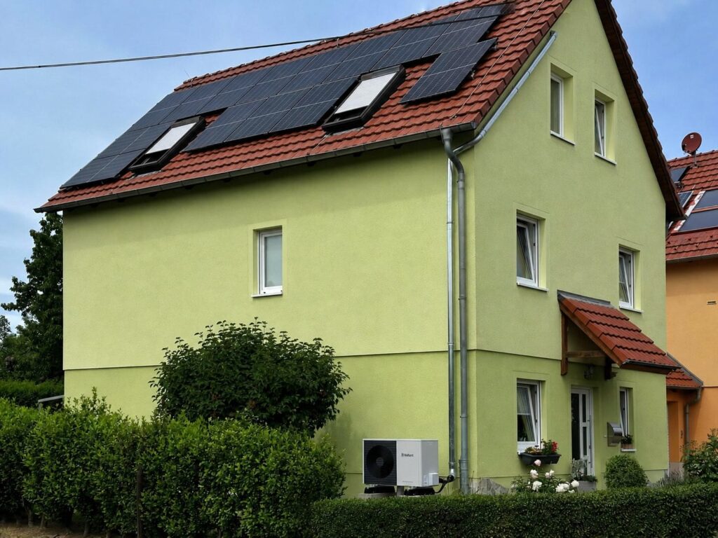 Außenansicht des Hauses der Familie Schleife aus Bannewitz mit der Außeneinheit der neuen Luft-Wasser-Wärmepumpe Vaillant aroTHERM-spli und der Führung der Kältemittelleitungen in einem separat angebrachten Regenfallrohr und der Photovoltaikanlage.