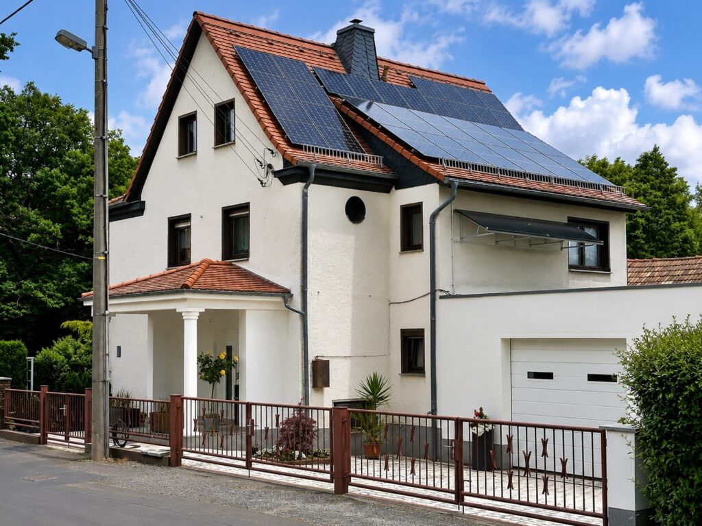 Das Gebäude von Familie Engelhardt aus Freital mit Blick auf die Photovoltaik-Anlage