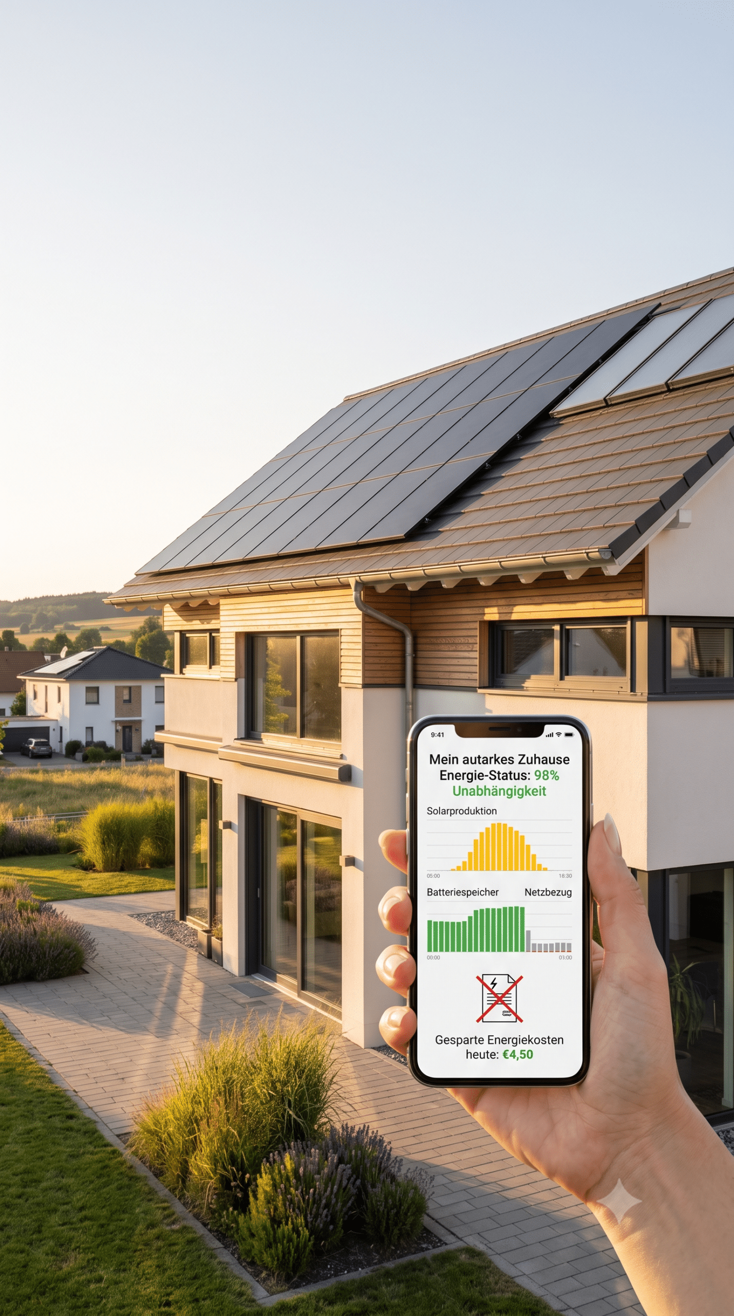 Modernes Haus mit Solaranlage und Energie-App